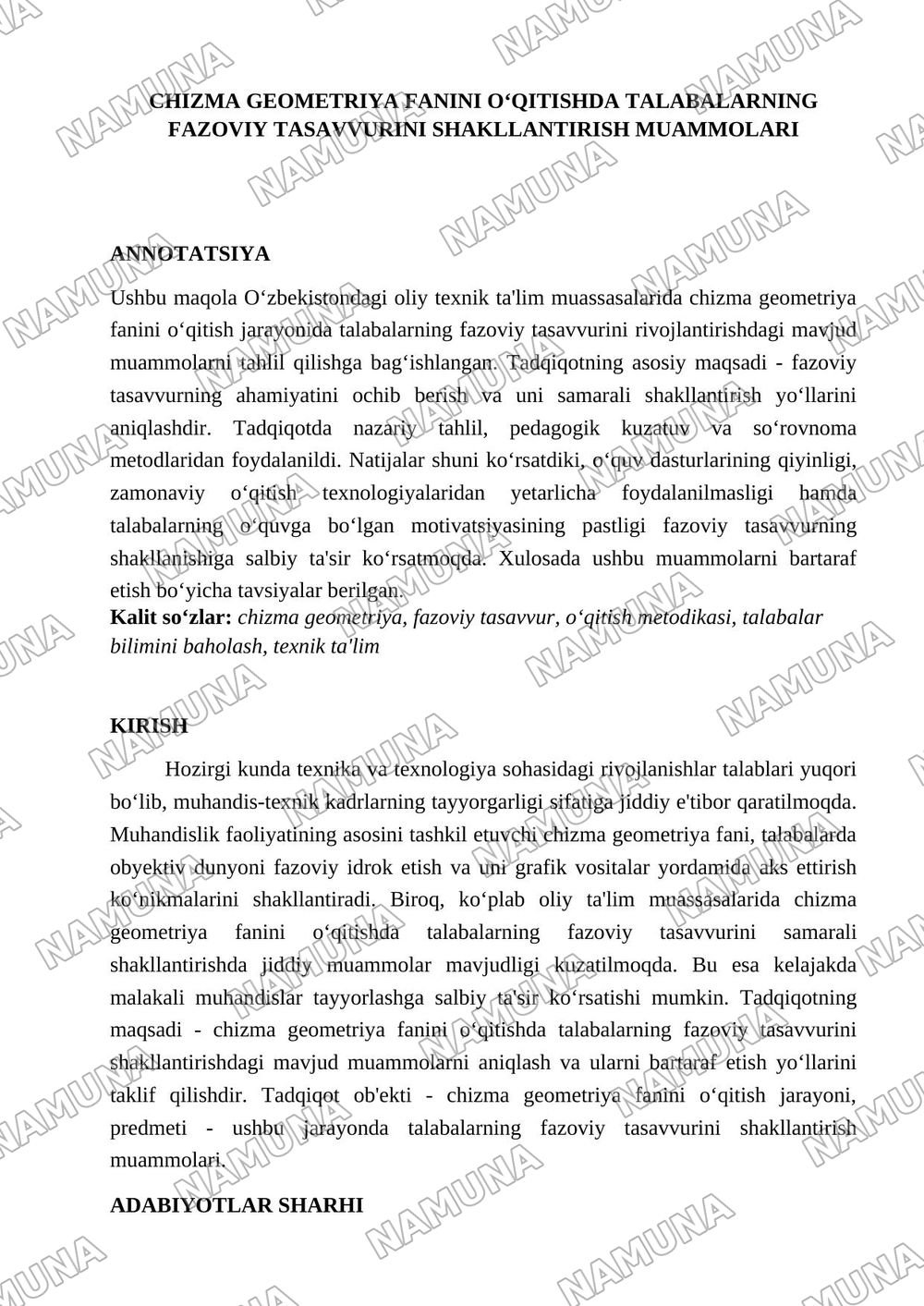 Chizma geometriya fanini oʻqitishda talabalarning fazoviy tasavvurini shakllantirish muammolari. — 1-varaq