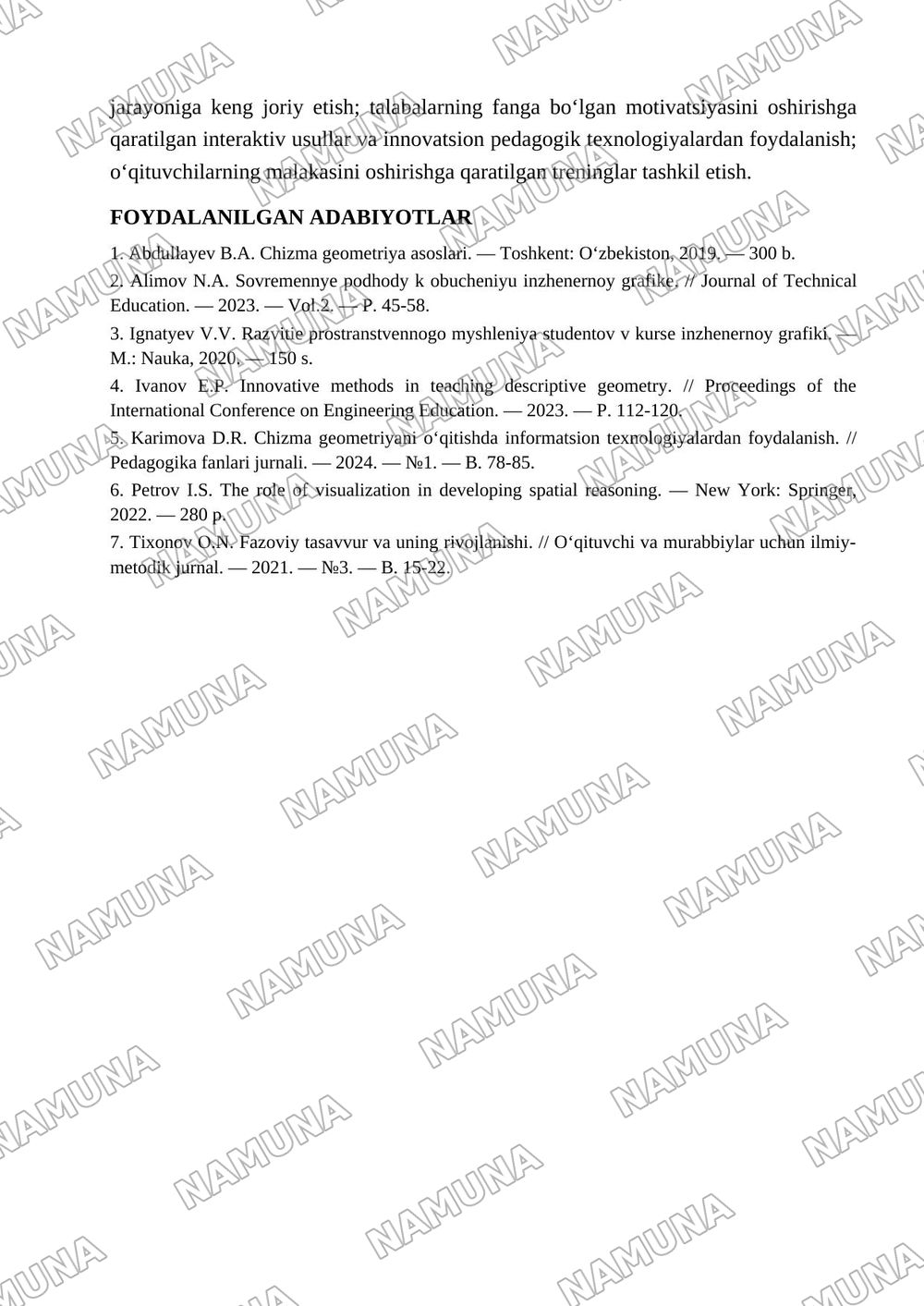 Chizma geometriya fanini oʻqitishda talabalarning fazoviy tasavvurini shakllantirish muammolari. — 4-varaq