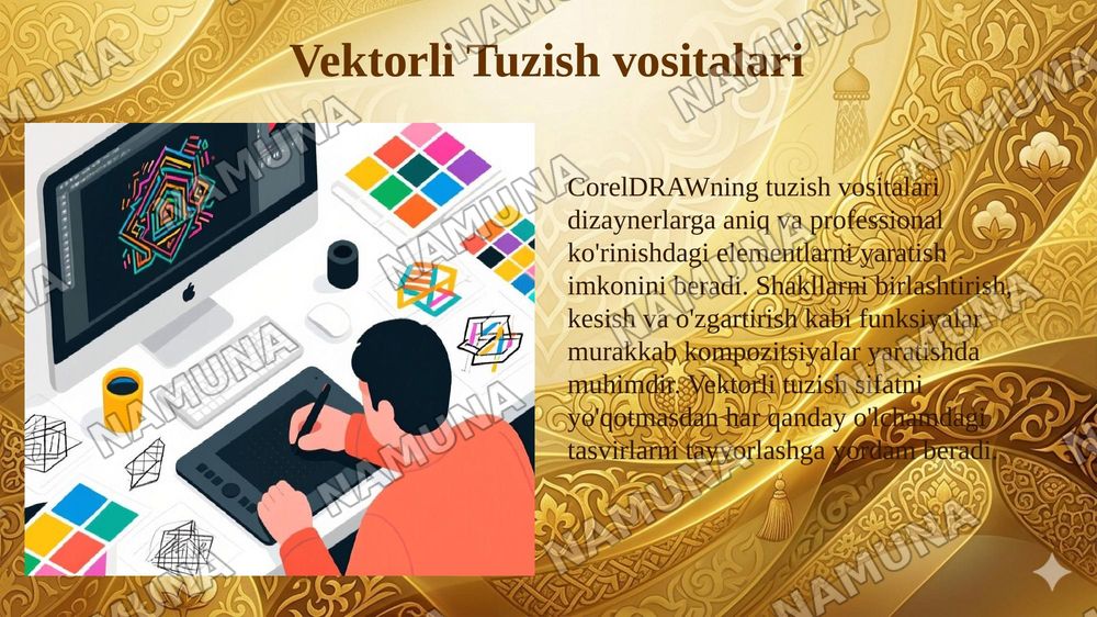 CoreDraw Vektorli tasvirlarni yaratish va qayta ishlash tizimi.CorelDraw dastirlari paketi haqida umumiy maʼlumotlar — 6-slayd