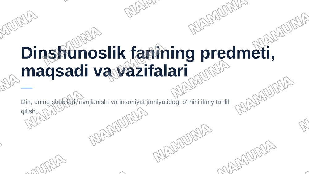 Dinshunoslik fanining predmeti maqsad va vazifalari.
1. Ibtidoiy din korinishlari
2. Milliy dinlar — 1-slayd