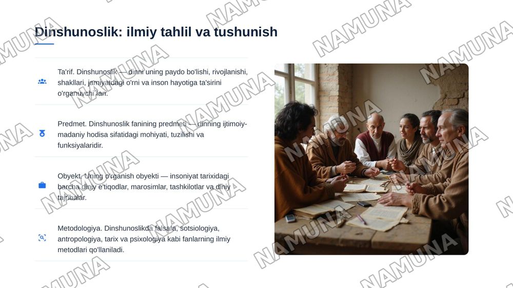 Dinshunoslik fanining predmeti maqsad va vazifalari.
1. Ibtidoiy din korinishlari
2. Milliy dinlar — 3-slayd