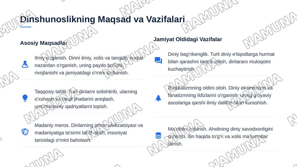 Dinshunoslik fanining predmeti maqsad va vazifalari.
1. Ibtidoiy din korinishlari
2. Milliy dinlar — 4-slayd