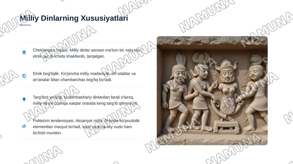 Dinshunoslik fanining predmeti maqsad va vazifalari.
1. Ibtidoiy din korinishlari
2. Milliy dinlar — 6-slayd