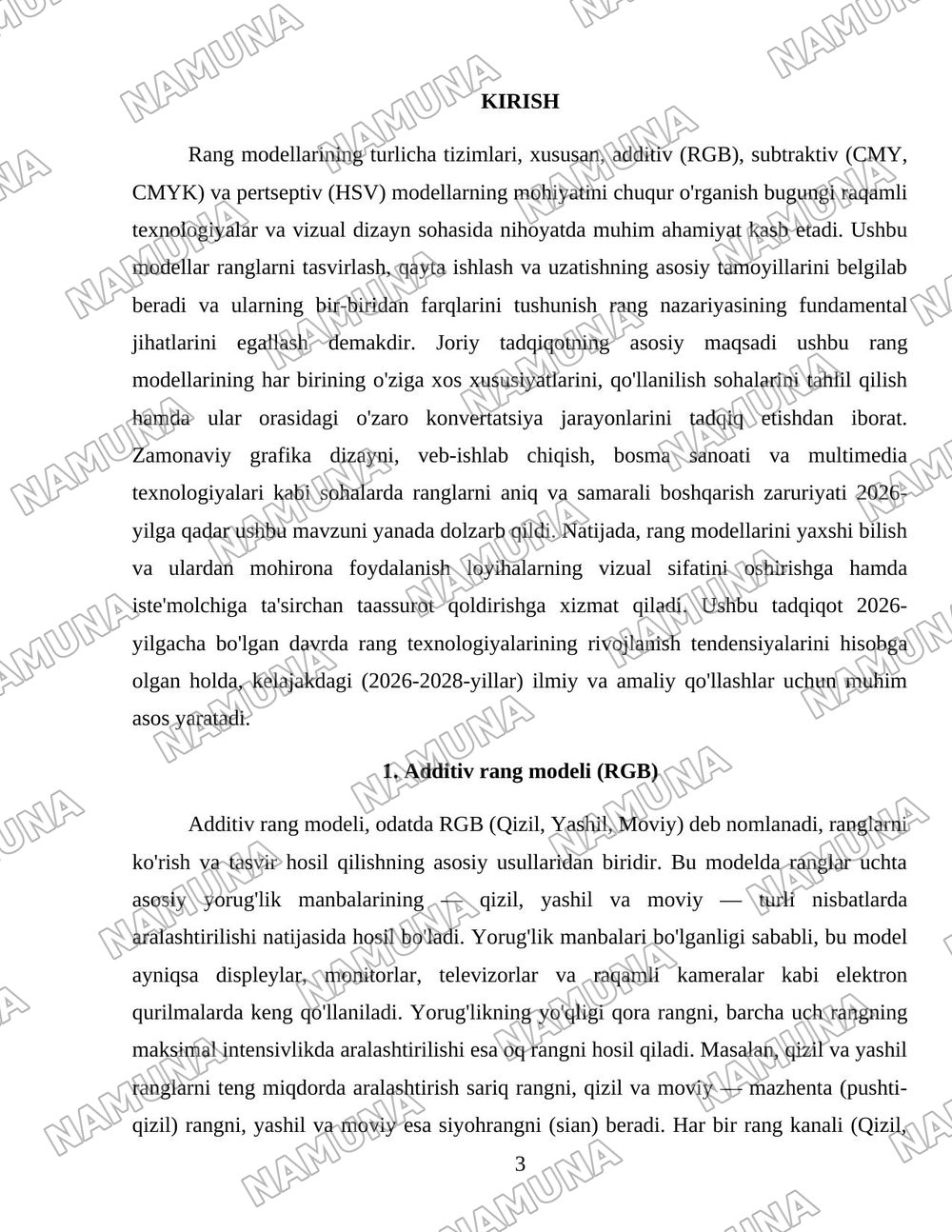 RANG MODELLARI: ADDITIV, SUBTRAKTIV, PERTSEPTSION (RGB, CMY, CMYK, HSV). BIR MODELDAN BOSHQA MODELLARGA O'TKAZISH ALGORITMLARI. — 3-varaq