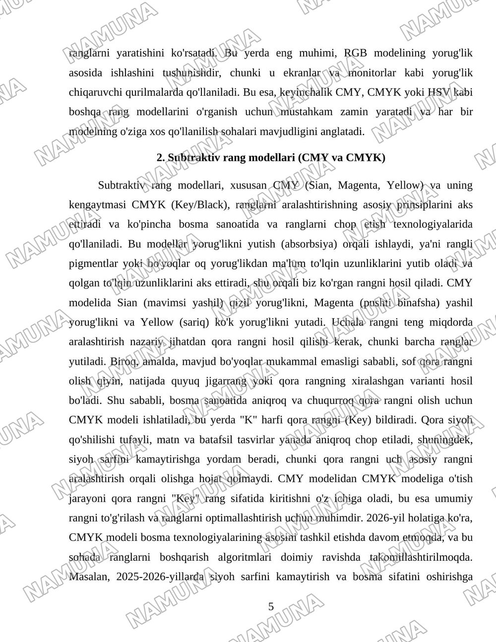 RANG MODELLARI: ADDITIV, SUBTRAKTIV, PERTSEPTSION (RGB, CMY, CMYK, HSV). BIR MODELDAN BOSHQA MODELLARGA O'TKAZISH ALGORITMLARI. — 5-varaq