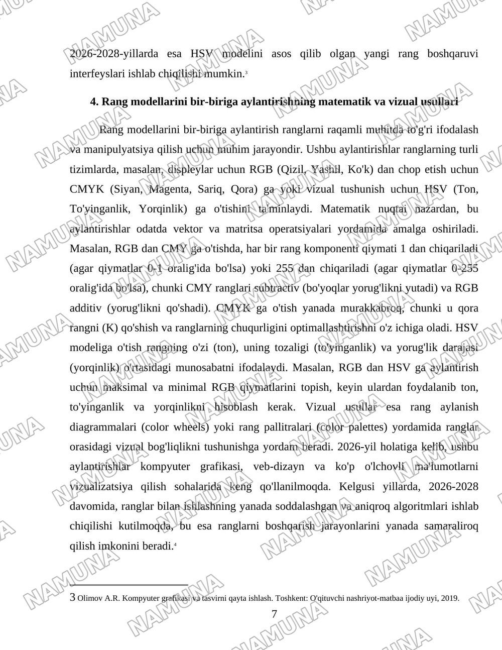 RANG MODELLARI: ADDITIV, SUBTRAKTIV, PERTSEPTSION (RGB, CMY, CMYK, HSV). BIR MODELDAN BOSHQA MODELLARGA O'TKAZISH ALGORITMLARI. — 7-varaq