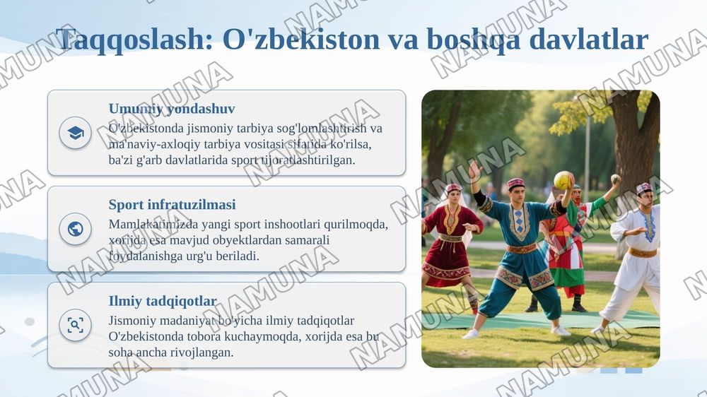 Xorijiy mamlakatlarining jismoniy madaniyat tizimlari va ularni mamlakatimiz jismoniy madaniyat tizimidan farqi — 7-slayd