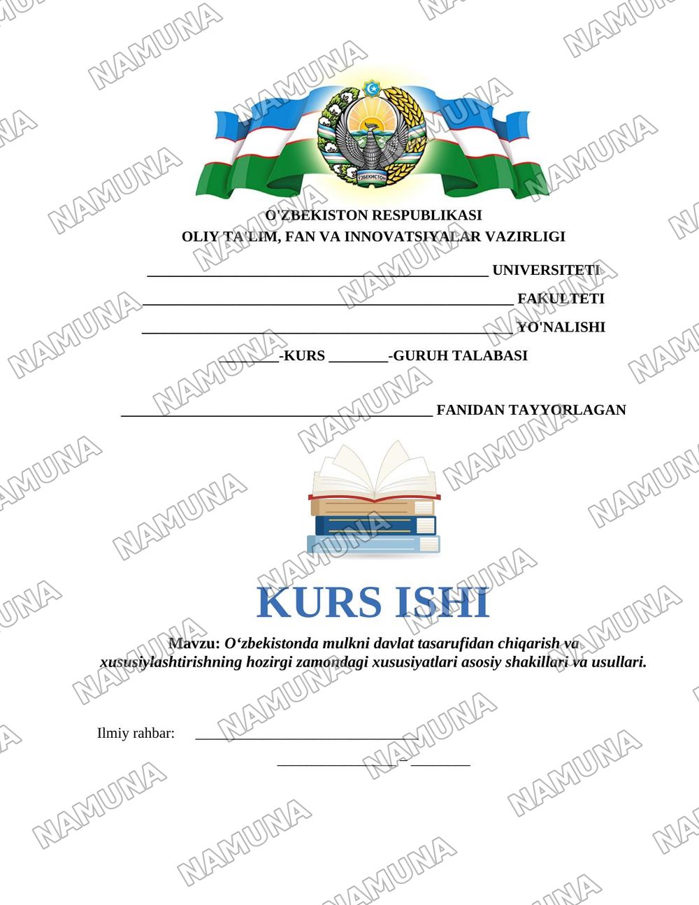 Oʻzbekistonda mulkni davlat tasarufidan chiqarish va xususiylashtirishning hozirgi zamondagi xususiyatlari asosiy shakillari va usullari. — 1-varaq