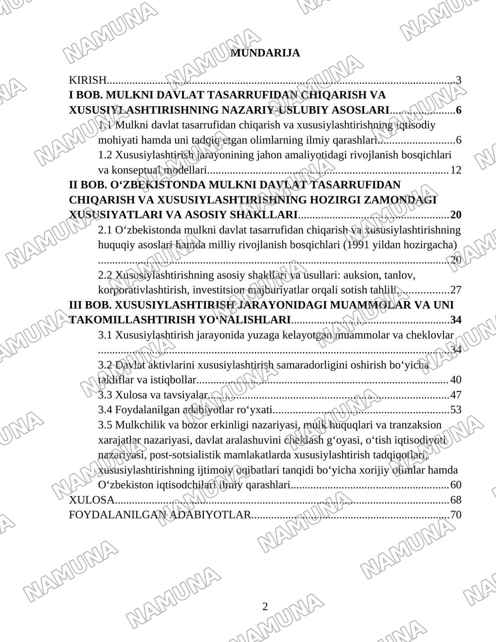 Oʻzbekistonda mulkni davlat tasarufidan chiqarish va xususiylashtirishning hozirgi zamondagi xususiyatlari asosiy shakillari va usullari. — 2-varaq