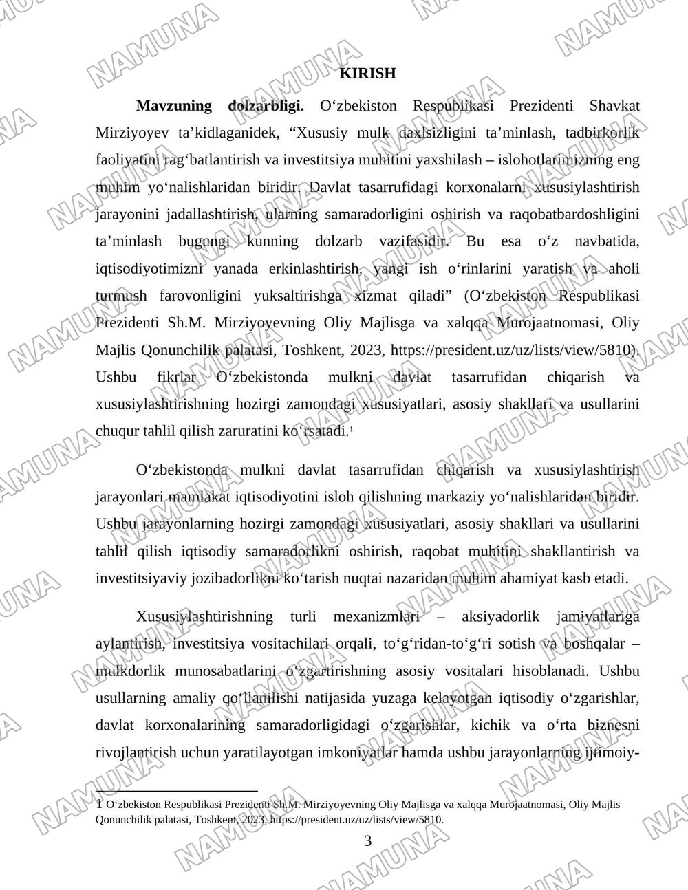 Oʻzbekistonda mulkni davlat tasarufidan chiqarish va xususiylashtirishning hozirgi zamondagi xususiyatlari asosiy shakillari va usullari. — 3-varaq