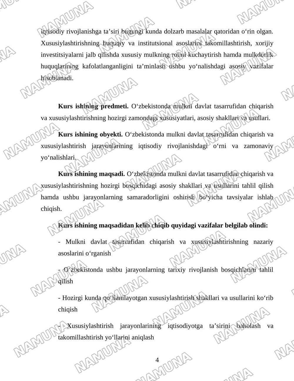 Oʻzbekistonda mulkni davlat tasarufidan chiqarish va xususiylashtirishning hozirgi zamondagi xususiyatlari asosiy shakillari va usullari. — 4-varaq
