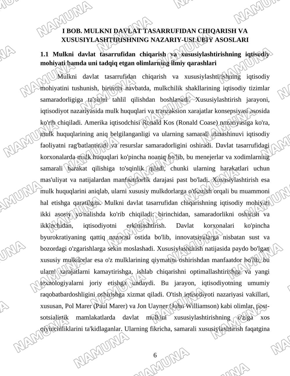 Oʻzbekistonda mulkni davlat tasarufidan chiqarish va xususiylashtirishning hozirgi zamondagi xususiyatlari asosiy shakillari va usullari. — 6-varaq