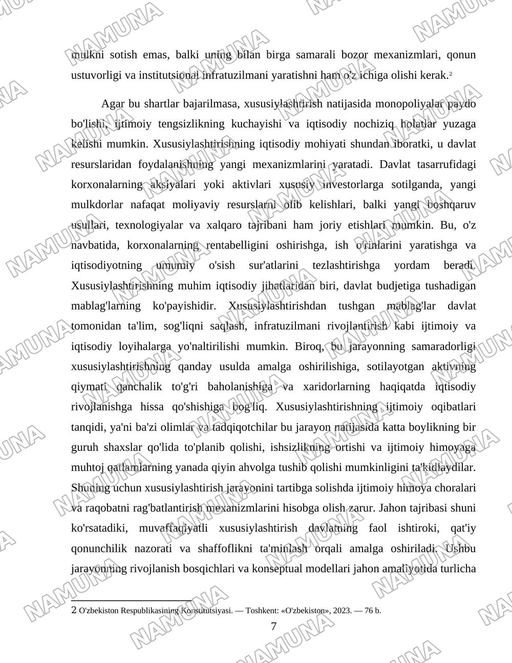 Oʻzbekistonda mulkni davlat tasarufidan chiqarish va xususiylashtirishning hozirgi zamondagi xususiyatlari asosiy shakillari va usullari. — 7-varaq