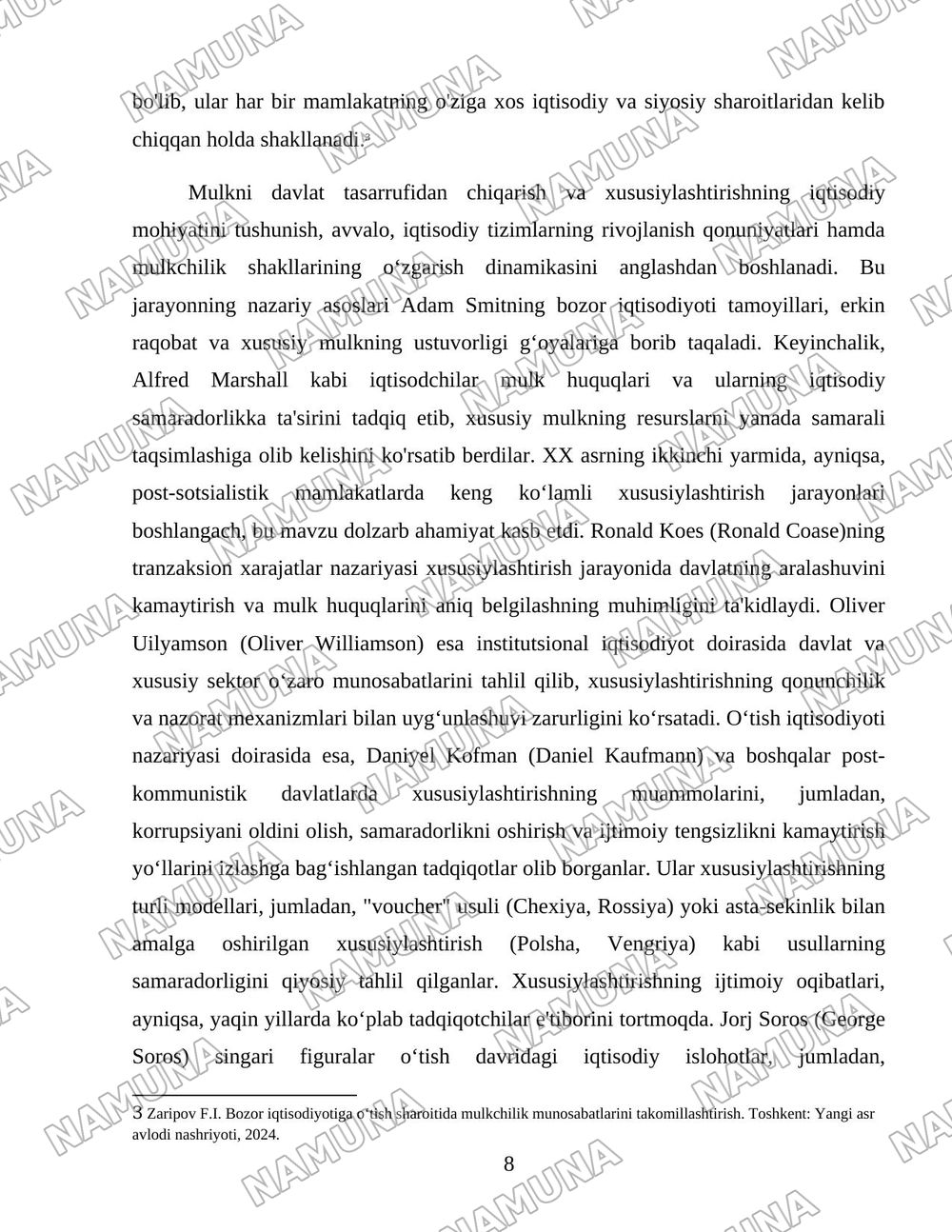 Oʻzbekistonda mulkni davlat tasarufidan chiqarish va xususiylashtirishning hozirgi zamondagi xususiyatlari asosiy shakillari va usullari. — 8-varaq
