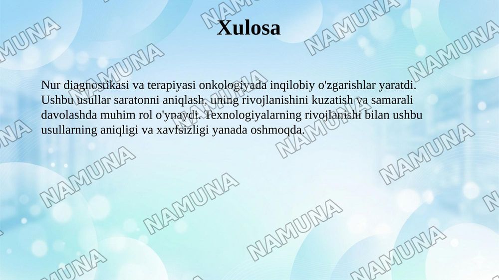 Onkologiyada nur diagnostikasi va nur terapiyasining roli — 10-slayd
