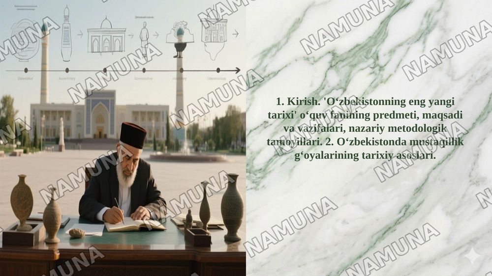 1. Kirish. 'Oʻzbekistonning eng yangi tarixi' oʻquv fanining predmeti, maqsadi va vazifalari, nazariy metodologik tamoyillari. 2. Oʻzbekistonda mustaqillik gʻoyalarining tarixiy asoslari. — 1-slayd