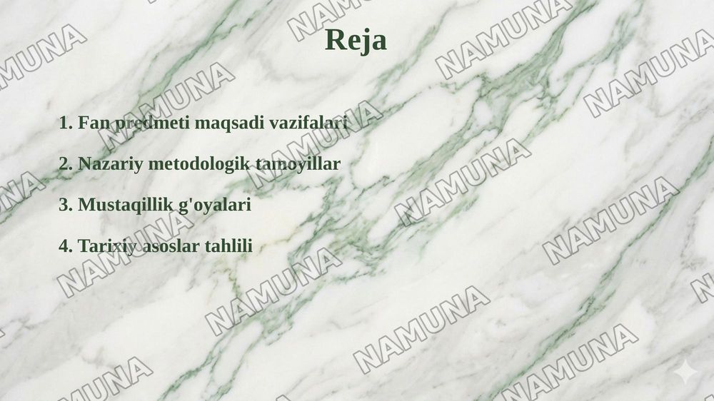 1. Kirish. 'Oʻzbekistonning eng yangi tarixi' oʻquv fanining predmeti, maqsadi va vazifalari, nazariy metodologik tamoyillari. 2. Oʻzbekistonda mustaqillik gʻoyalarining tarixiy asoslari. — 2-slayd