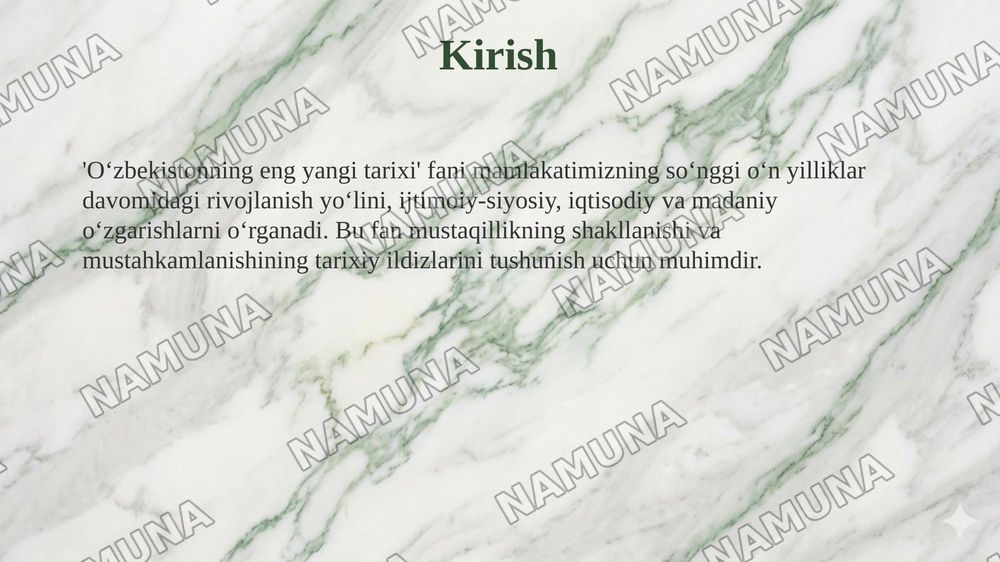 1. Kirish. 'Oʻzbekistonning eng yangi tarixi' oʻquv fanining predmeti, maqsadi va vazifalari, nazariy metodologik tamoyillari. 2. Oʻzbekistonda mustaqillik gʻoyalarining tarixiy asoslari. — 3-slayd