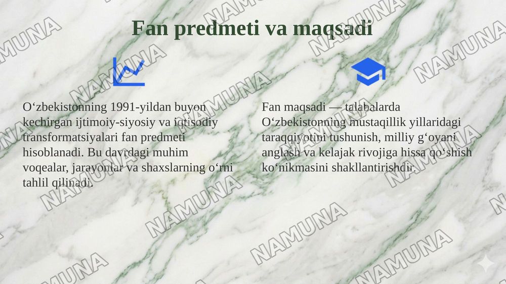 1. Kirish. 'Oʻzbekistonning eng yangi tarixi' oʻquv fanining predmeti, maqsadi va vazifalari, nazariy metodologik tamoyillari. 2. Oʻzbekistonda mustaqillik gʻoyalarining tarixiy asoslari. — 4-slayd