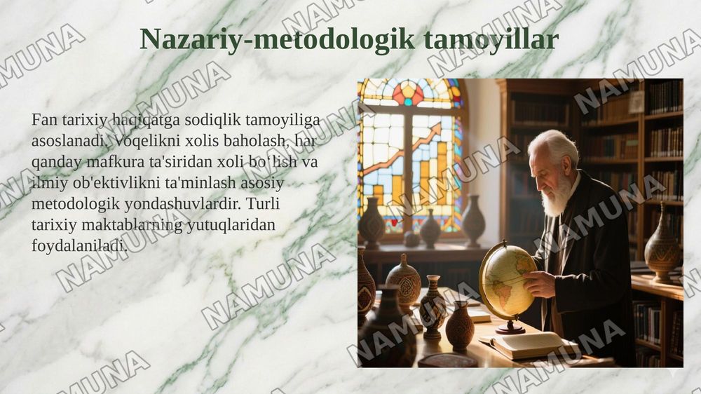 1. Kirish. 'Oʻzbekistonning eng yangi tarixi' oʻquv fanining predmeti, maqsadi va vazifalari, nazariy metodologik tamoyillari. 2. Oʻzbekistonda mustaqillik gʻoyalarining tarixiy asoslari. — 5-slayd