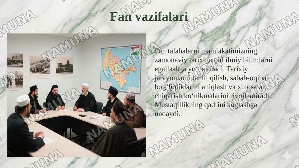 1. Kirish. 'Oʻzbekistonning eng yangi tarixi' oʻquv fanining predmeti, maqsadi va vazifalari, nazariy metodologik tamoyillari. 2. Oʻzbekistonda mustaqillik gʻoyalarining tarixiy asoslari. — 6-slayd