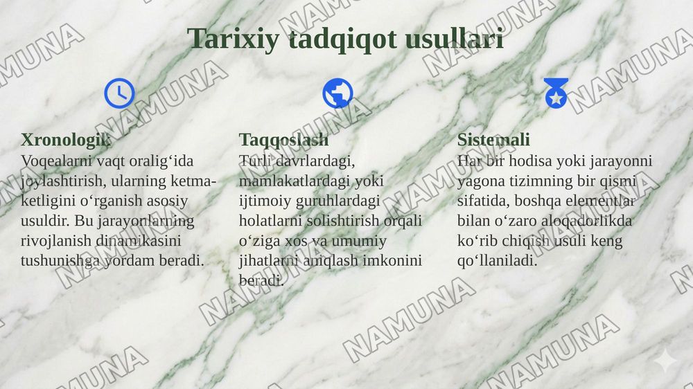 1. Kirish. 'Oʻzbekistonning eng yangi tarixi' oʻquv fanining predmeti, maqsadi va vazifalari, nazariy metodologik tamoyillari. 2. Oʻzbekistonda mustaqillik gʻoyalarining tarixiy asoslari. — 7-slayd