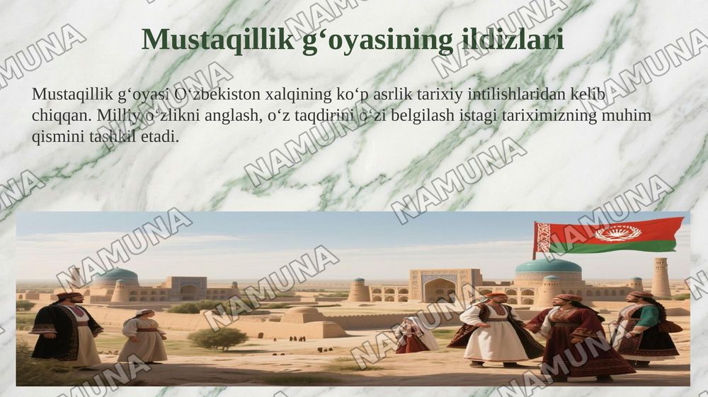 1. Kirish. 'Oʻzbekistonning eng yangi tarixi' oʻquv fanining predmeti, maqsadi va vazifalari, nazariy metodologik tamoyillari. 2. Oʻzbekistonda mustaqillik gʻoyalarining tarixiy asoslari. — 8-slayd