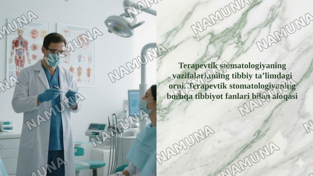 Terapevtik stomatologiyaning vazifalari,uning tibbiy ta’limdagi orni. Terapevtik stomatologiyaning boshqa tibbiyot fanlari bilan aloqasi — 1-slayd