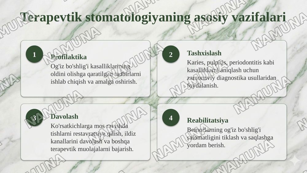 Terapevtik stomatologiyaning vazifalari,uning tibbiy ta’limdagi orni. Terapevtik stomatologiyaning boshqa tibbiyot fanlari bilan aloqasi — 4-slayd