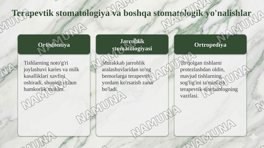 Terapevtik stomatologiyaning vazifalari,uning tibbiy ta’limdagi orni. Terapevtik stomatologiyaning boshqa tibbiyot fanlari bilan aloqasi — 7-slayd