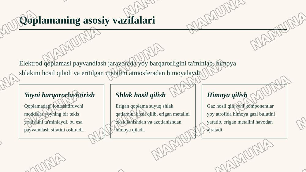 Elektrod qoplamasining vazifalari va xususiyatlari — 4-slayd