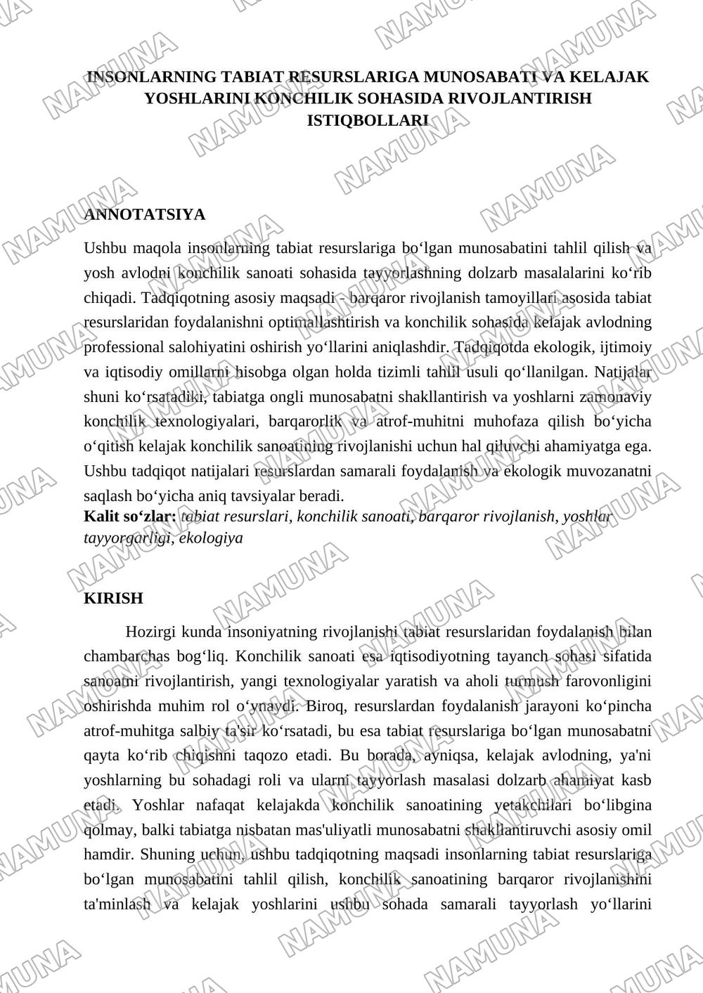 Insonlarning tabiat resurslariga munosabati va kelajak yoshlarini konchilik sohasida rivojlantirish istiqbollari — 1-varaq