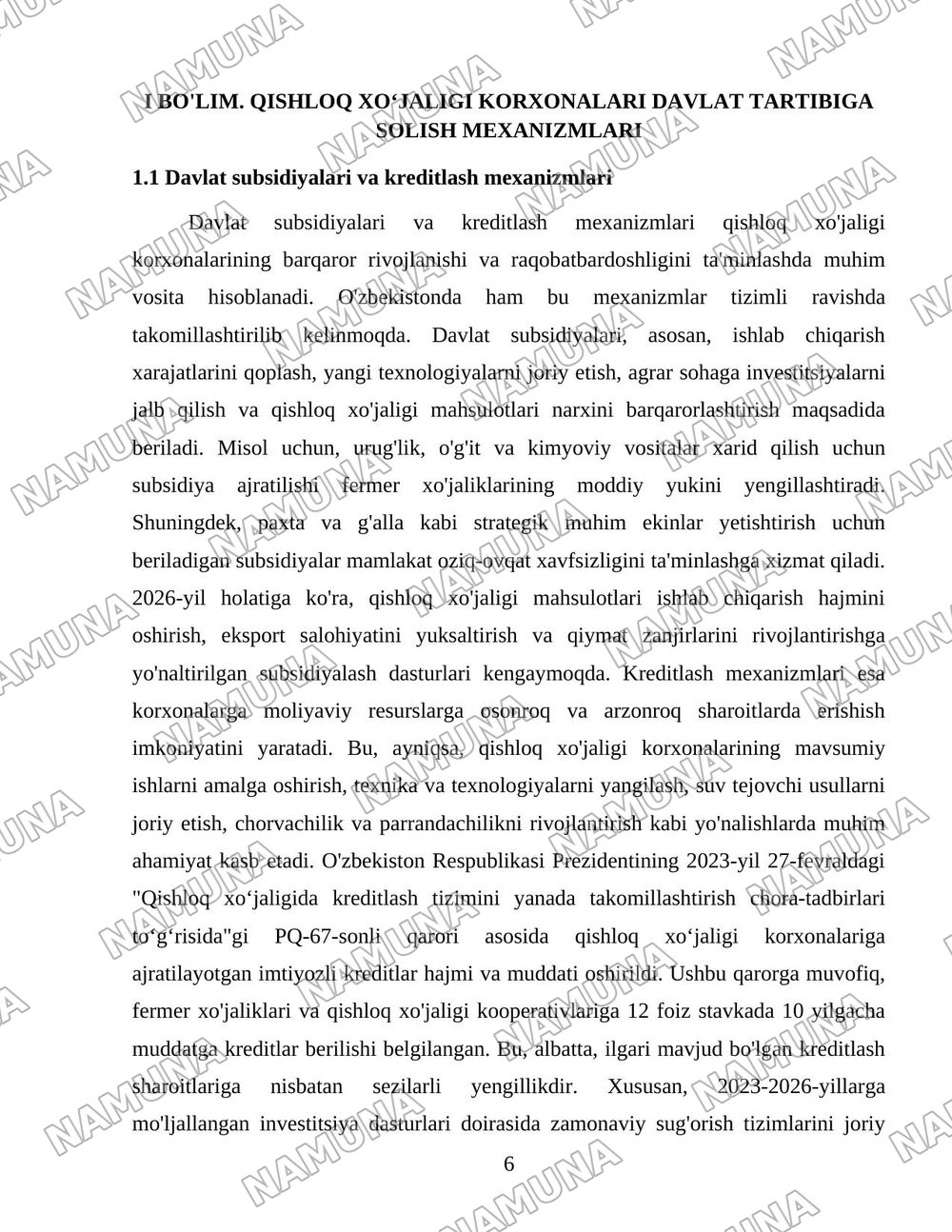 Oʻzbekistonda Qishloq xoʻjaligi korxonalarini davlat tomonidan tartibga solish va qollab quvvatlsh tizimi — 6-varaq