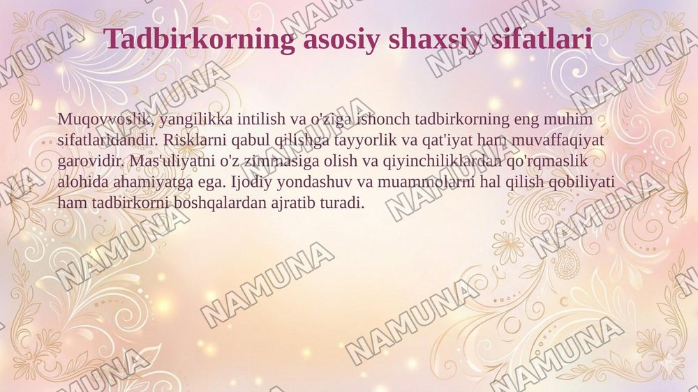 Gʻoyalarni toʻplash va tahlil qilish mazmuni va usullari.Tadbirkorlikning shaxsiy sifatlari va uning sheriklar bilan munosabati — 6-slayd