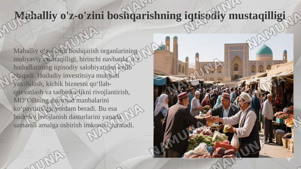 O’zbekistonda mahalliy o’z-o’zini boshqarishning iqtisodiy asosini mustahkamlash — 5-slayd