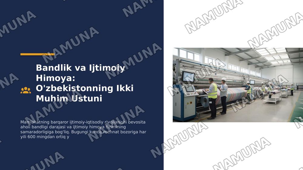 Oʻzbekiston respublikasi aholining ish bilan bandligini taminlash va ijtimoiy himoyalash muammolari — 1-slayd