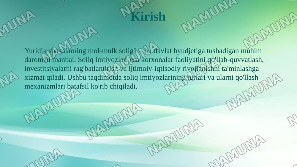 Yuridik shaxslarning mol mulkiga solinadigan soliqdan taqdim etiladigan soliq imtiyozi — 3-slayd