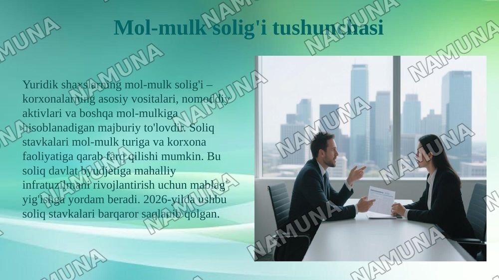Yuridik shaxslarning mol mulkiga solinadigan soliqdan taqdim etiladigan soliq imtiyozi — 5-slayd