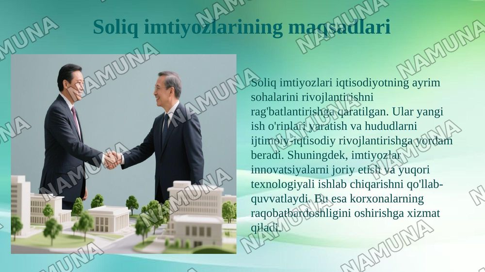Yuridik shaxslarning mol mulkiga solinadigan soliqdan taqdim etiladigan soliq imtiyozi — 6-slayd