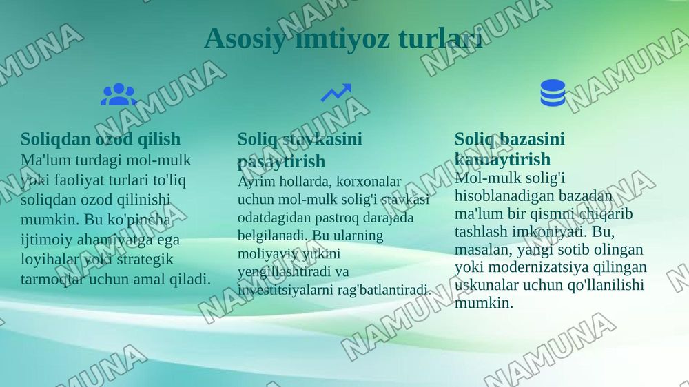 Yuridik shaxslarning mol mulkiga solinadigan soliqdan taqdim etiladigan soliq imtiyozi — 7-slayd