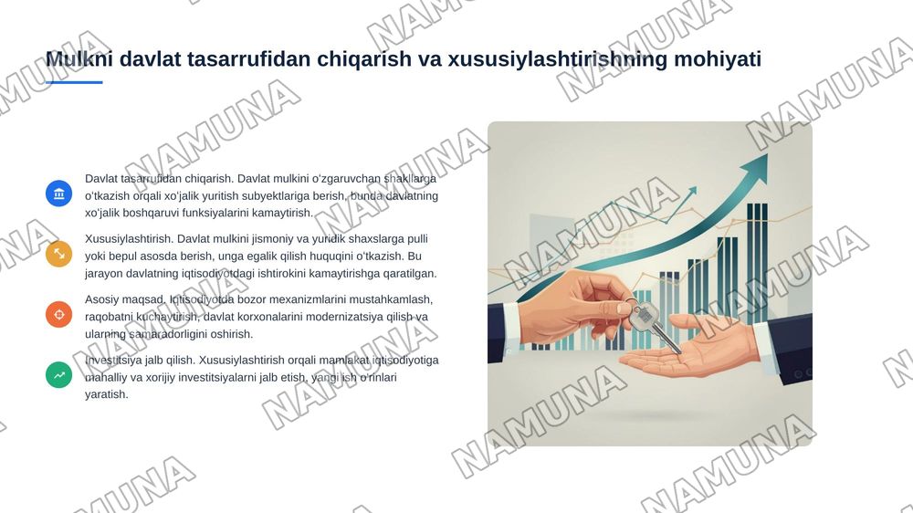 Oʻzbekistonda mulkni davlat tasarufidan chiqarish va xususiylashtirishning hozirgi zamondagi xususiyatlari asosiy shakillari va usullari — 3-slayd