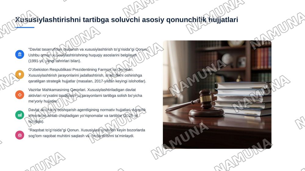 Oʻzbekistonda mulkni davlat tasarufidan chiqarish va xususiylashtirishning hozirgi zamondagi xususiyatlari asosiy shakillari va usullari — 6-slayd
