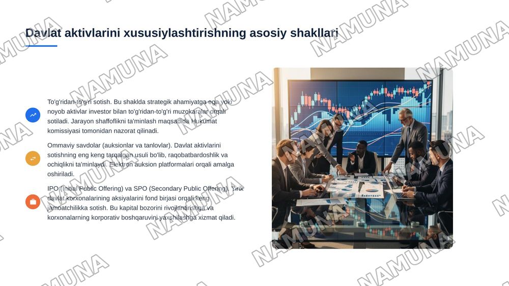 Oʻzbekistonda mulkni davlat tasarufidan chiqarish va xususiylashtirishning hozirgi zamondagi xususiyatlari asosiy shakillari va usullari — 7-slayd