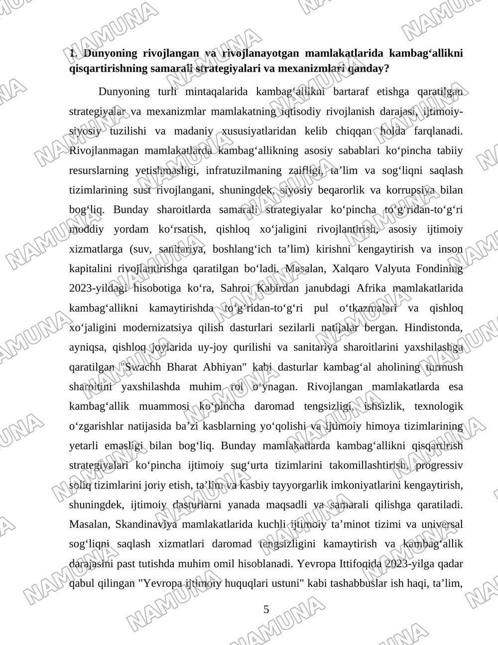Xorijiy mamlakatlarning kambagʻallikni qisqartirish boʻyicha tajribalarini Oʻzbekistonda qollash yollari — 5-varaq