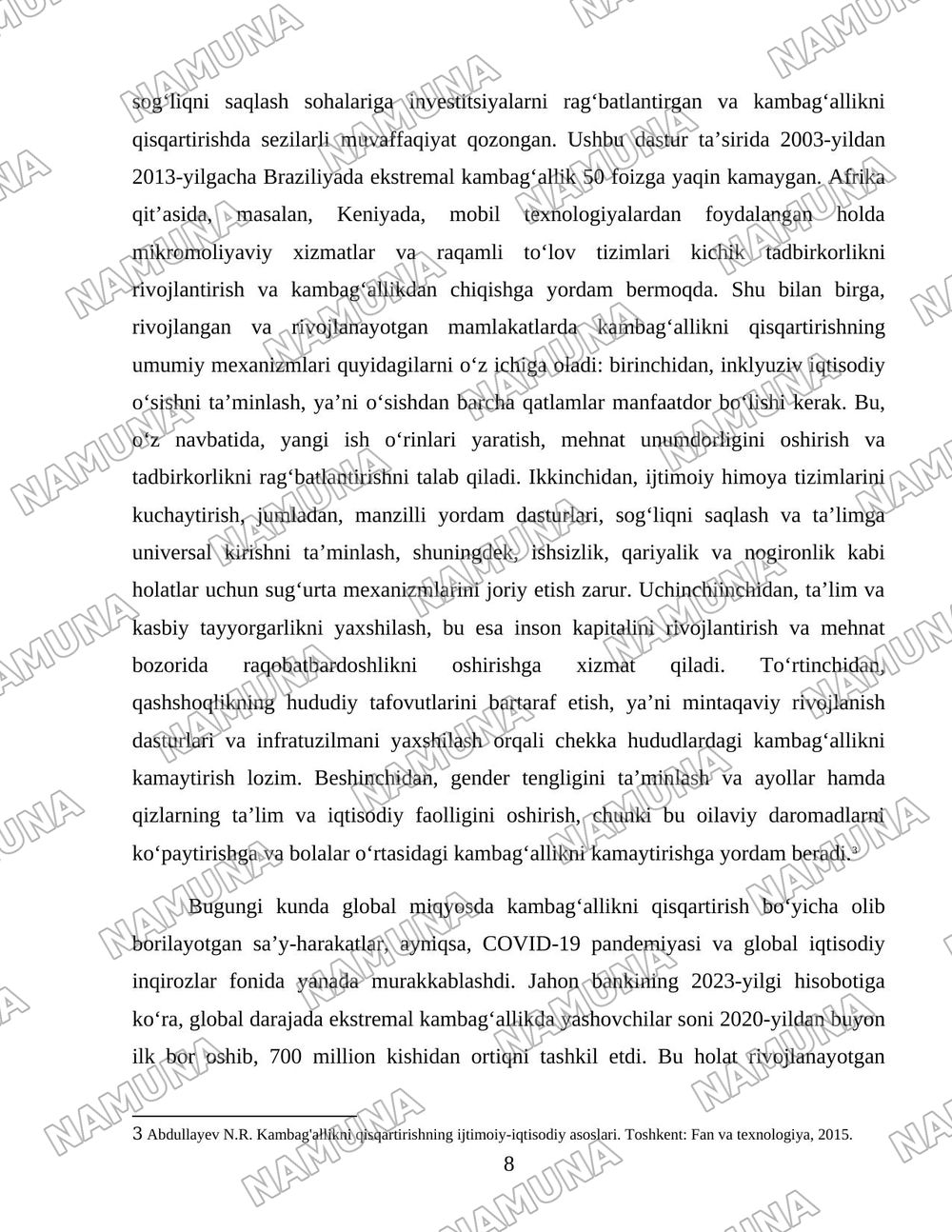 Xorijiy mamlakatlarning kambagʻallikni qisqartirish boʻyicha tajribalarini Oʻzbekistonda qollash yollari — 8-varaq
