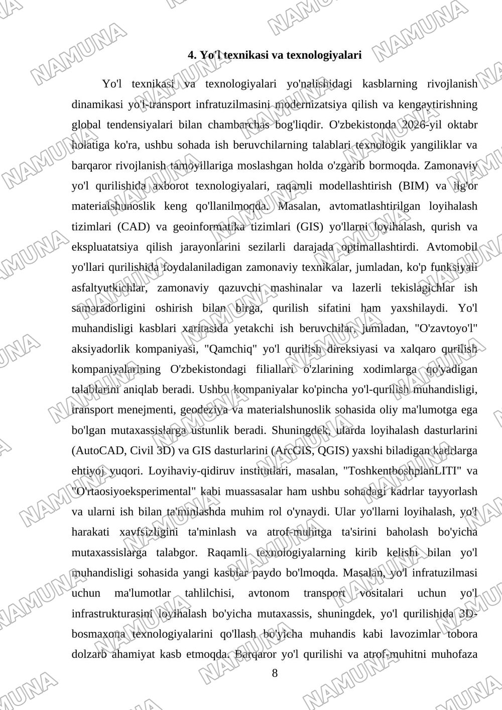 Yo‘l muhandisligi kasblari va ish beruvchilar xaritasi – individual infografika. — 8-varaq