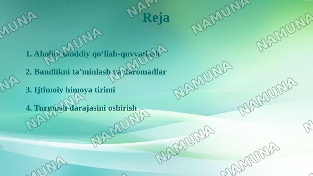Коронавирус пандемияси ва глобал молиявий-иқтисодий инқирози шароитида Ўзбекистонда аҳолини ижтимоий қуллаб-қувватлаш ва турмуш даражасини оширишнинг устувор йўналишлари. — 2-slayd