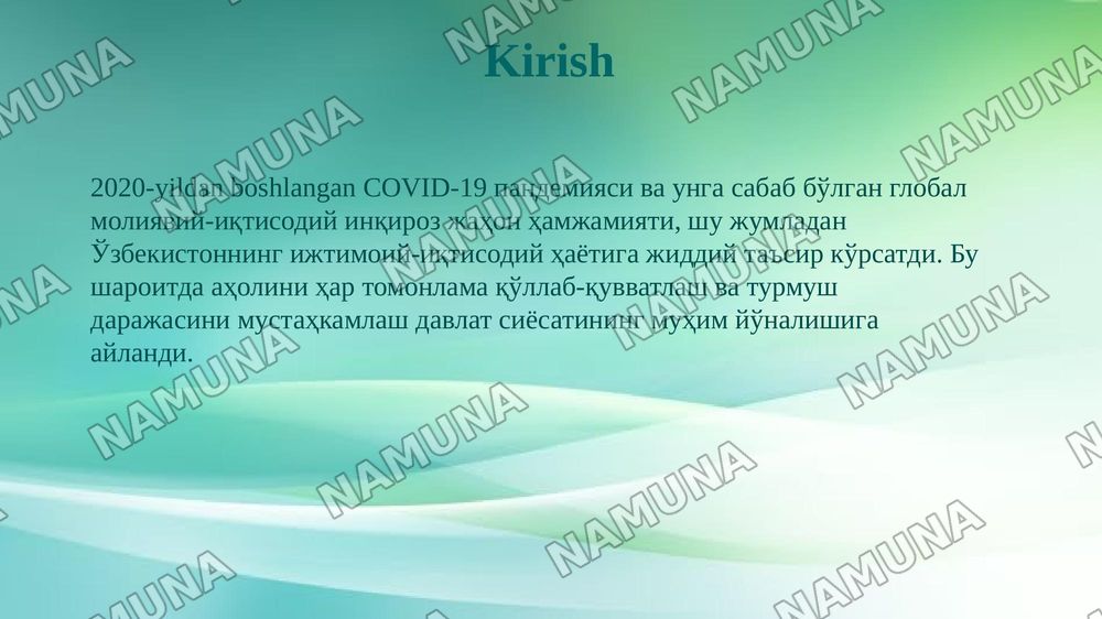Коронавирус пандемияси ва глобал молиявий-иқтисодий инқирози шароитида Ўзбекистонда аҳолини ижтимоий қуллаб-қувватлаш ва турмуш даражасини оширишнинг устувор йўналишлари. — 3-slayd