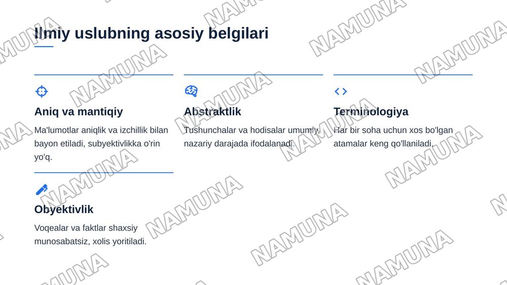 Ilmiy uslub va publitsistik uslublarning leksik-grammatik xususiyatlari — 3-slayd
