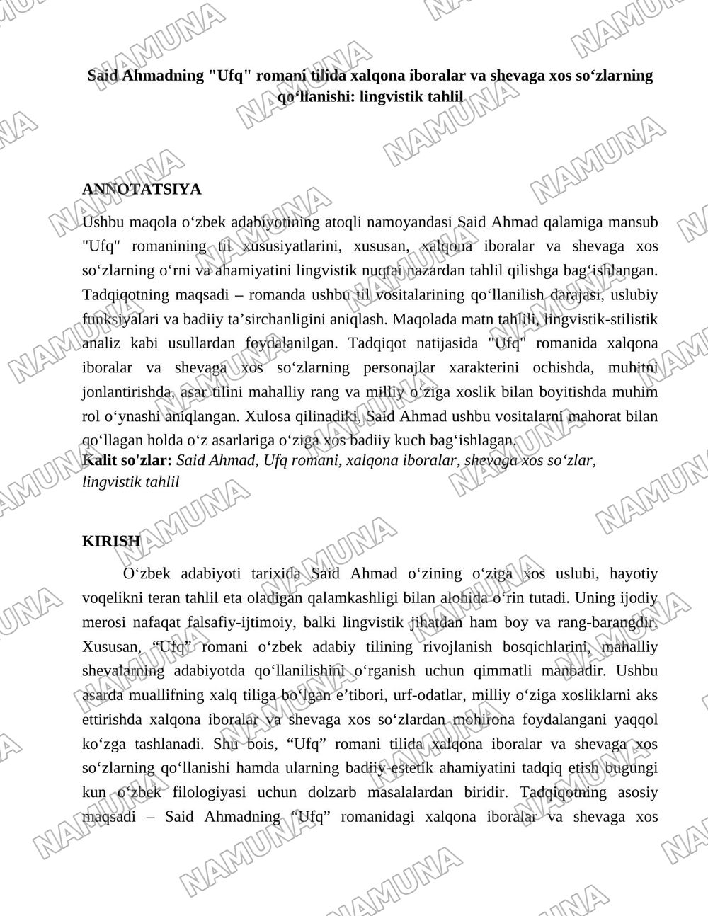 Said Ahmadning ufq romani tilida xalqona iboralar va shevaga xos sozlarning qollanishi — 1-varaq